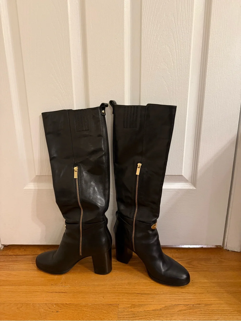 Michael Kors Black Leather Knee High Boots with Gold Accents